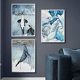 GUANMING Bleu Aquarelle Marine Animaux Affiches Nordic Big Whale Ship Sea Canvas Peinture et Prints Wall Art Image pour Chambre Home Decor 45x65cmx2pcs Cadre intérieur