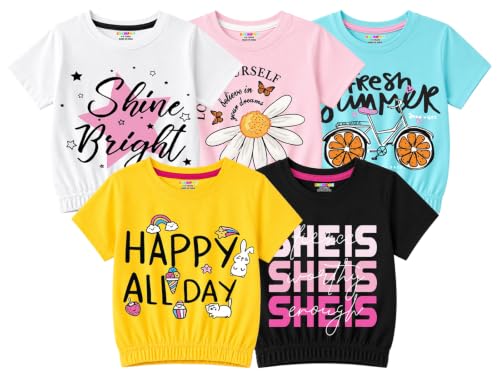 Image of Kuchipoo Girls Cotton Crop Top | Half Sleeve Graphic Printed Summer T-Shirt with Elastic Waist | Soft & Breathable Casual Wear for Kids | Pack of 5
