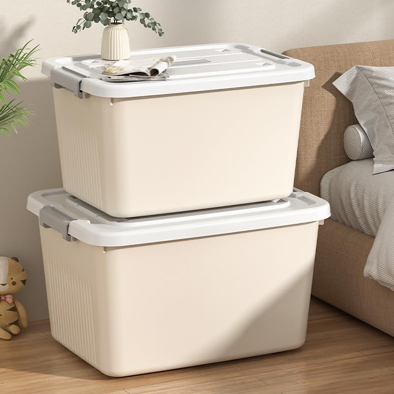 Image of Ash & Roh Plastic Storage Box /Bin /Container with Locking Lid - Sturdy and Versatile Home Organizer, Available in Multiple Size. (1, CREAM, small-17cm X25cm X13 cm)