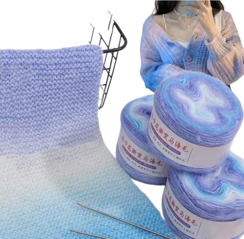 毛糸 グラデーション 毛糸 墨絵の色 3/4玉セット セーターを編む 手編み毛糸 柔らかい 織り糸 編み物 中細 毛糸 段染タイプ 柔らかい糸 かぎ針編み用 かぎ針を送る マフラー 帽子 スカーフ セーター 毛糸セット DIY素材 ぎ針編み 編み糸 織り糸 プレゼント (編み 編み物用の毛糸4玉＋スチール針,スカイブルー)のサムネイル