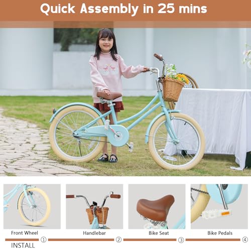 Image of Glerc Little Molly 12-20 Inch Kids Retro Cruiser Bike for 2-13 Year Old with Wicker Basket & Training Wheels /Kickstand, Multiple Colors