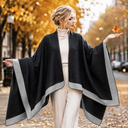 Image of Plaid Shawl Wrap for Women Boho Open Front Poncho Wrap Fall Winter