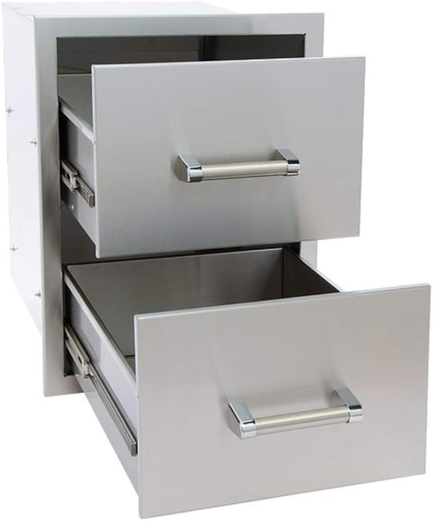 KoKoMo Grills Outdoor Kitchen Stainless Steel Double Drawer 20 Deep Heavy Duty 304 Commercial Grade Self-Closing Smooth Glide Polished Bar Handles Fully Enclosed Waterproof Fireproof Storage Cabinet