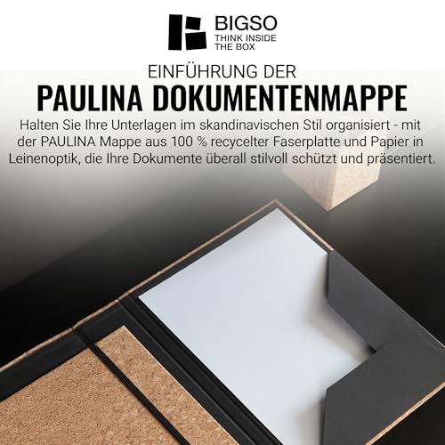 BIGSO PAULINA A4 Mappe – Aufbewahrungsbox mit Gummiband – Schreibtischablage für Dokumente, Akten & Unterlagen – Aktenmappe aus 100% recycelter Faserplatte und Papier – Kork
