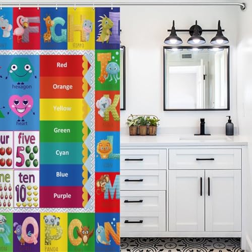 Lnepty ABC Shower Curtains,Alphabet Educational Learning Tool Baby Cartoon Animals Girls Boys Colorful Bath Curtain Decor Waterproof Fabric with Hooks,72x72Inch by Lnepty - Used condition - Image 5