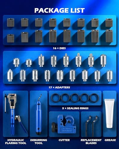 Image of OMT Hydraulic Flaring Tool Kit, Brake Line Flaring Tool with Cutter | 45-Degree Single & Double Flaring Dies for 3 /16-1 /2in & ISO 4.75-10mm, Tubing Cutter, Deburring Tool, 42CrMo Steel Yoke