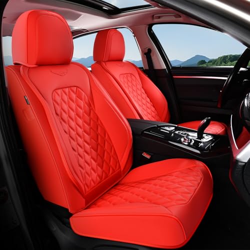 Image of Coverado Front Seat Covers, Waterproof Nappa Leather Stain-Resistant Protectors, Universal Fit for Sedans, SUVs, Trucks, Automotive Car Seat Covers, Waterproof Seat Cushions - Red