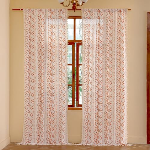 Image of Vintage Patterned Fall Boho Curtains for Living Room 96 Inch,Rustic Country Rust Floral Beige Drapes 2 Panels Set,Natural Extra Long Farmhouse Kitchen Bedroom Window Decor
