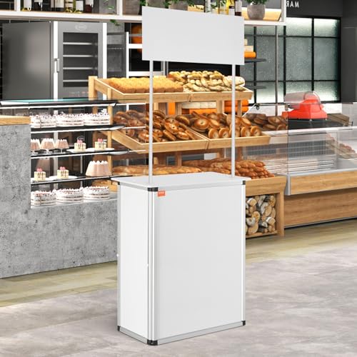VEVOR Promotion Counter Table, Portable Tradeshow Podium Table, 30.91" x 14.96" x 71.46", Display Exhibition Counter Stand Booth Fair with Wall, Pop Up Podium with Storage Rack/Carrying Bag