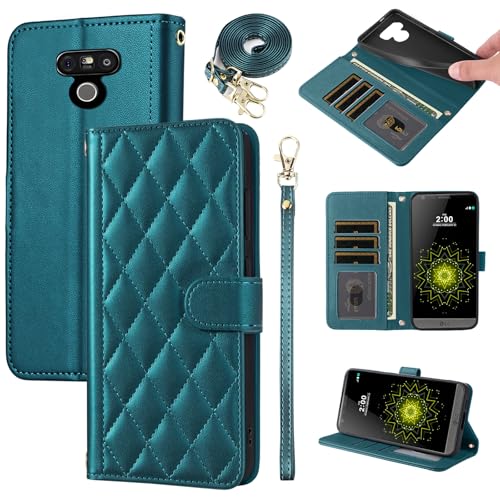 Furiet Argyle Wallet Case for LG G5 with Detachable Wrist Strap Shoulder Strap, Card Slots Folio Purse, Luxury PU Leather Stand Accessories Cell Phone Cover for LGG5 SE LG5 G 5 5G Women Men Green