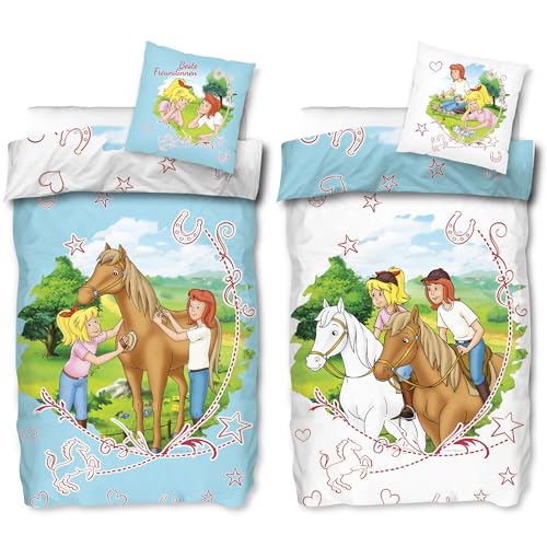 BERONAGE Bibi und Tina Kinder-Bettwäsche Sternenzauber Blau 135 x 200 + 80 x 80 cm 100% Baumwolle Biber-Flanell-Qualität Blocksberg Pferde-Bettwäsche Sabrina Amadeus Martinshof mit Reißverschluss