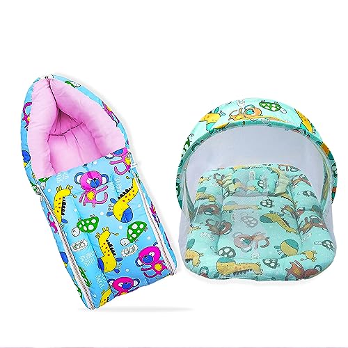 Image of MOM & Son Baby Bedding Set Mattress with Net & Baby Sleeping Bag (0-3 Months) (Sky Blue & Green)