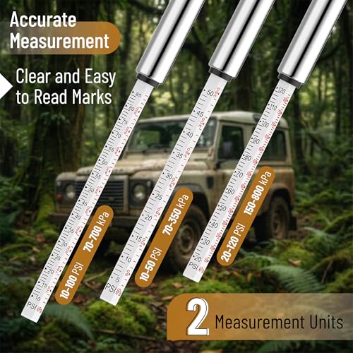 Image of UNCO- Stainless Steel Pencil Tire Pressure Gauge, 3 Pack, 10-50PSI, 10-100PSI, 20-120PSI, Pencil Air Pressure Gauge for Tires with 16 Valve Caps