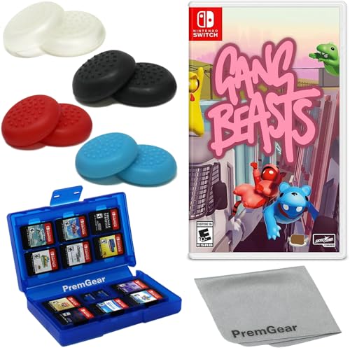 Gang Beasts for Nintendo Switch (US Version), with PremGear Thumb Grips (8 pack - Black, Blue, Red & Clear), 24 Slot Game Card Holder & Cleaning Cloth