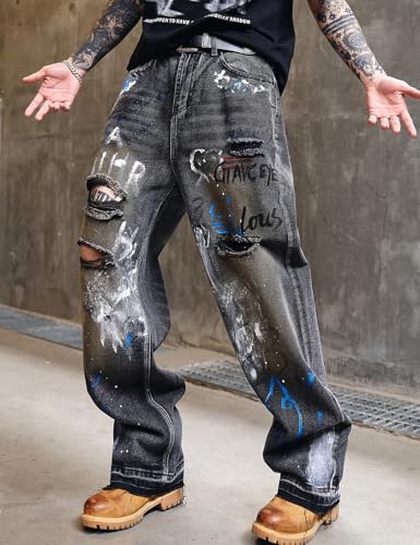 Men Graffiti Painted Baggy Ripped Denim Jeans4