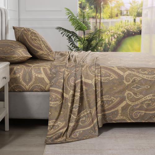 Image of Paisley Floral Percale Sheets Full Size Deep Pocket, Brown-Green | 100% Cotton Flower Print Boho Sheet Set, Beige Patterned Shabby Chic Bed Sheets, Luxury Designer Bedding, Soft Crisp, 4Pcs