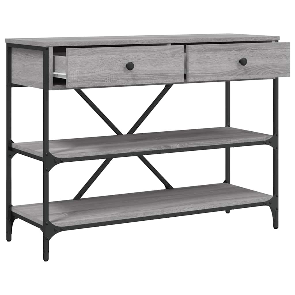 Mesa consola con 2 cajones y estantes, mesa de pasillo de madera y acero, mesa auxiliar clásica para salón y pasillo, gris Sonoma, 100 x 34,5 x 75 cm
