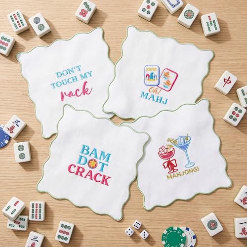 Servilletas bordadas Mahjong de lino y algodón 4 pcs miniatura 1