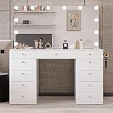 Boahaus Elle White Makeup Vanity Desk w/Bluetooth Speaker, 12 Hollywood Lights, 11 Drawers, Crystal Knobs, USB Type-C & Type-A Ports, Power Outlet, Luxurious Glass Top, Large Mirror – Premium Vanity