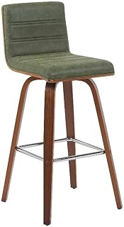 Armen Living Vienna Modern Swivel 30" Bar Height Barstool with Vintage Green Faux Leather and Walnut Wood Finish