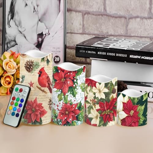 Image of Poinsettia Plastic Flameless Candles with Remote Christmas LED Flickering Battery Operated Color Changing Electric Pillar Candles Christmas Decorations