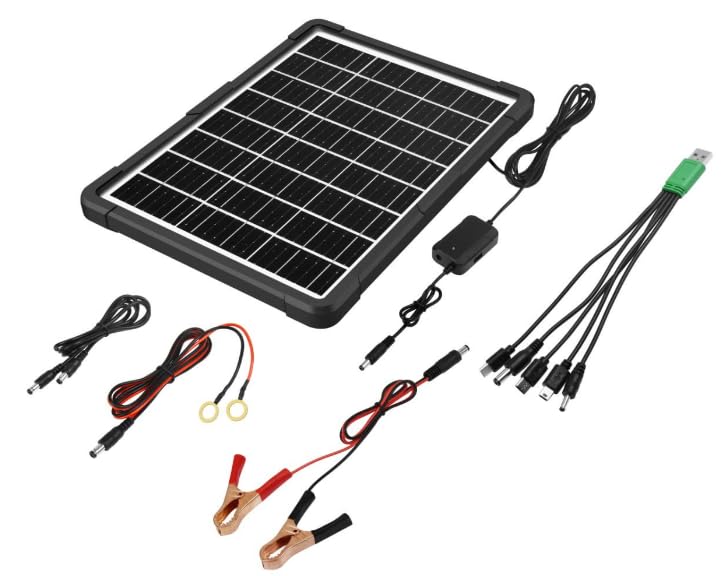 SECUPOE Chargeur solaire universel 20 W, sortie 5 V/9 V/12 V avec pinces de batterie et hub USB à 4 ports, panneau solaire portable étanche IP65 pour...