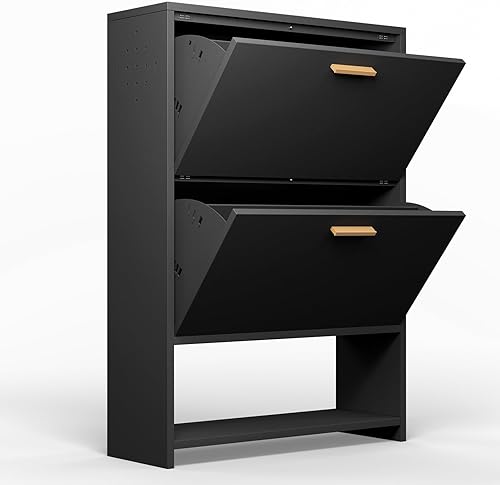 Miniatura 5 de Zapatero de ratán con 2 cajones abatibles, moderno zapatero de 2 niveles para tacones, botas, pantuflas, zapatero de pie libre para sala de estar,