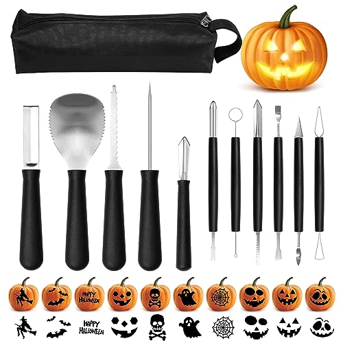 21Pcs Halloween Pumpkin Carving Kit with Stencils, Professional Heavy Duty Stainless Steel Sculpting...