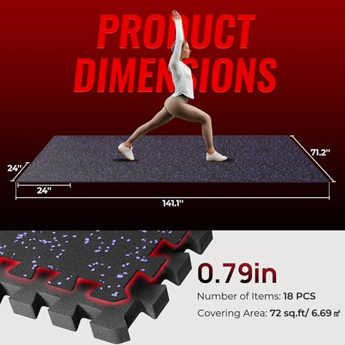 Image of SUPERJARE 0.79'' Extra-Thick Exercise Equipment Mats, 18 Pcs 72 Sq Ft Rubber Top Floor Tiles with High Density EVA Foam, Interlocking Gym Flooring for Home Gym, Protective Workout Mat, Black /Purple