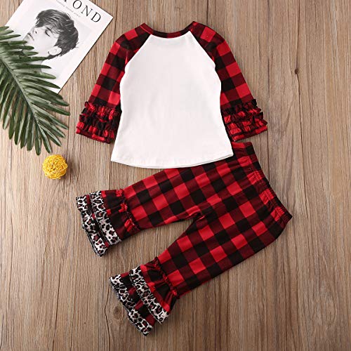 Toddler Kid Baby Girl Bell Bottom Flared Pants Short Sleeve Tops Leopard Pants 2PCS (Plaid-red-1, 1-2T) - Thumbnail 7