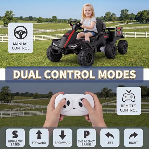 Image of Hikole 24V Ride on Toys Tractor for Kids 3+ w /Trailer, Electric Car, Black