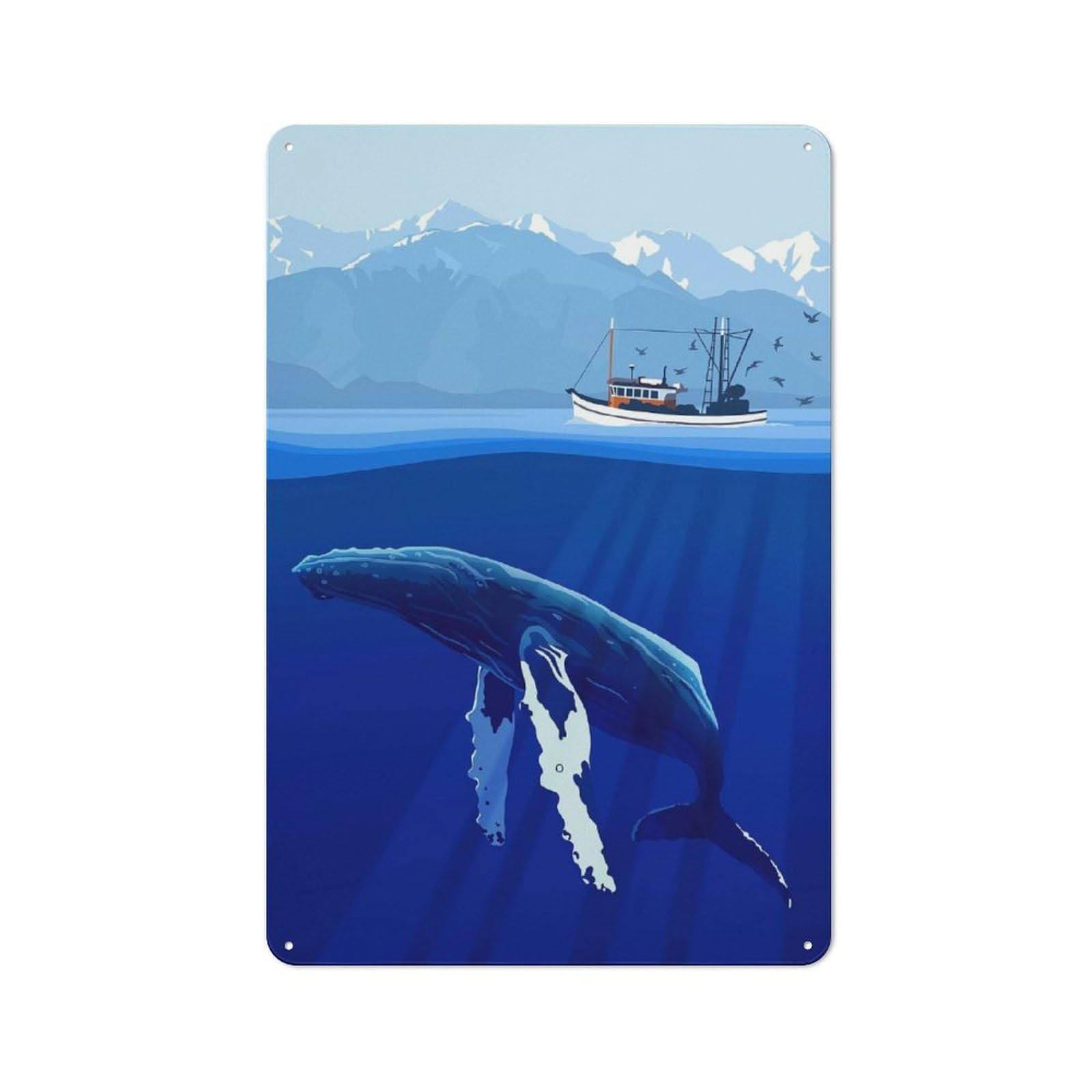Junmoney Whale And Fishing Boat Illustration Kitchen Metal Sign With Design 30X20cm, Vintage Cafe Wall Decor For Restaurant, Kitchen, Counter Or Breakfast Nook