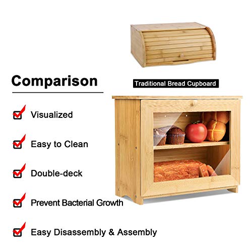 Homekoko Bamboo Double Layer Regular Bread Box, Natural Bamboo Bread Boxes For Kitchen Counter, Bamboo Capacity Food Storage (Natural Bamboo) #TOP3