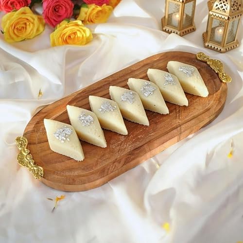 Image of Behoma Mango Wood Oval Serving Platter with Golden Brass Motif | Elegant Wooden Tray for Home Decor | Durga Puja Navratri Festive Serveware for Sweets, Cookies & Dry Fruits | Size - 37 cm (14.5 inch)