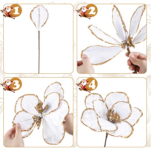 12 Pieces Magnolia Flower Ornaments Christmas Glitter Poinsettia Flowers Magnolia Artificial Faux Flowers Decorative Christmas Flowers For Christmas Tree Flower Decorations Wedding Centerpiece (White) #TOP3