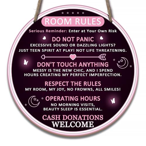 Preppy Teen Room Decor - Cute Room Rules Sign for Teen Girls, ' Enter at Own Risk' Humor Plaque Preppy Bedroom for Teens, Cute Teenage Door Sign & Fun Gifts for Birthday, Holidays (Black Room Rules)