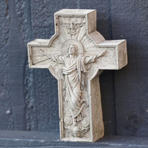 Plaque à suspendre en pierre Jésus sur la croix | Statue chrétienne religieuse de jardin Décoration d'extérieur Sculpture britannique faite à la main