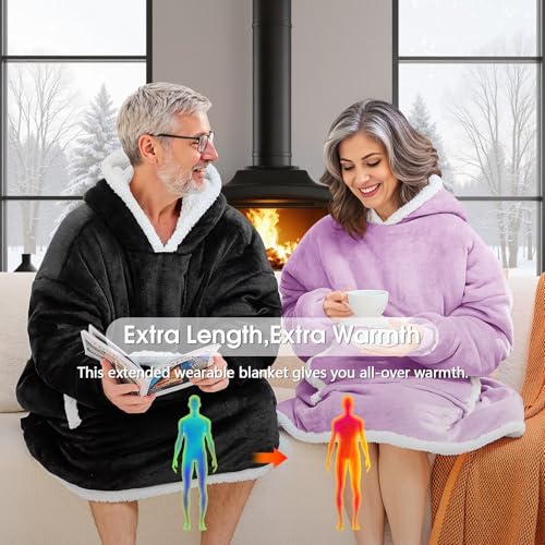 JOYWOO Purple Oversized Wearable Blanket Hoodie, Cat lovers Long Hoodie Blanket for Adult,Birthday Gifts for Women Men Mom,Cozy Fuzzy Sherpa Fleece Hooded Blanket Giant Pocket Gifts,Purple Oversize