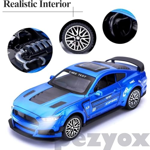 Image of Diecast Metal Model Car 1:32 Scale Mustang GT500 Toy Cars for Kids Sound Light and Pull Back (Blue)