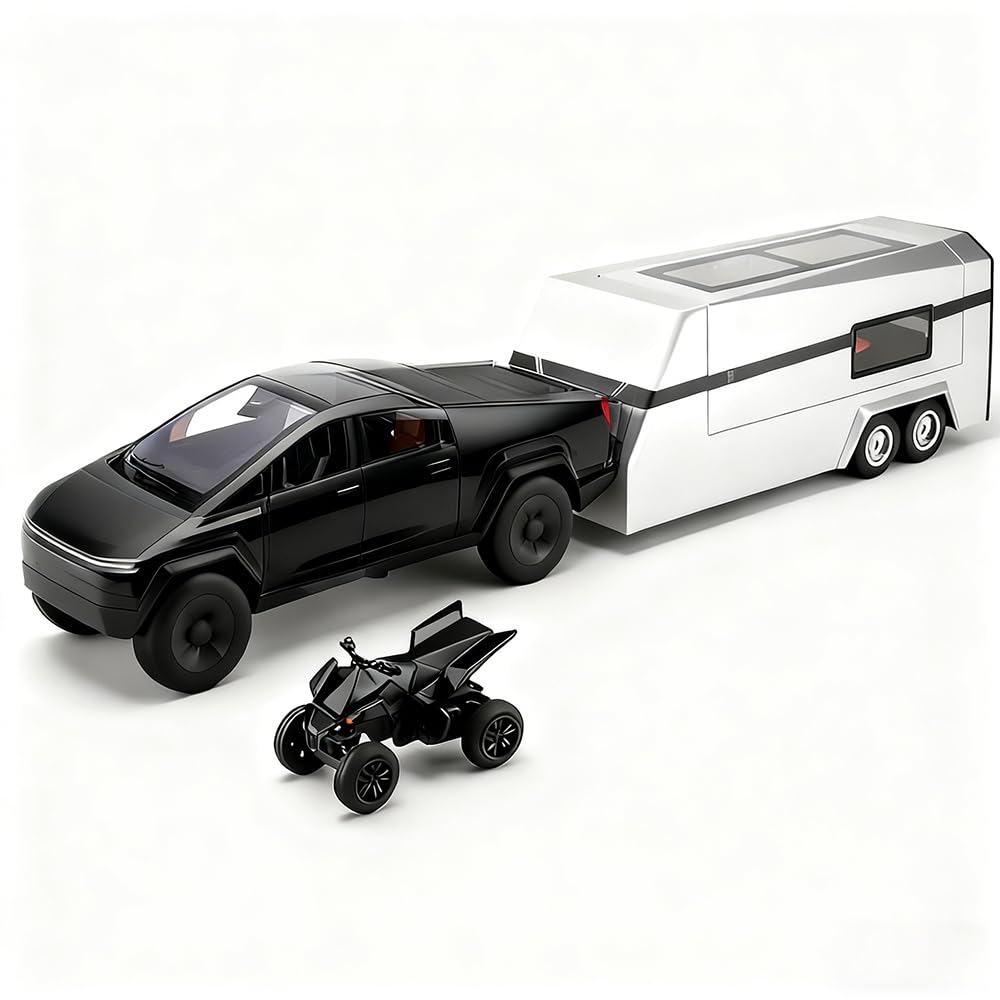 Photo 1 of 1/32 Cyber Pickup Toy Truck with RV and ATV Motorcycle Alloy Truck Model with Sound and Light Effect Pull Back Diecast Comer Set Ideal Charistmas Gift Age for 3+