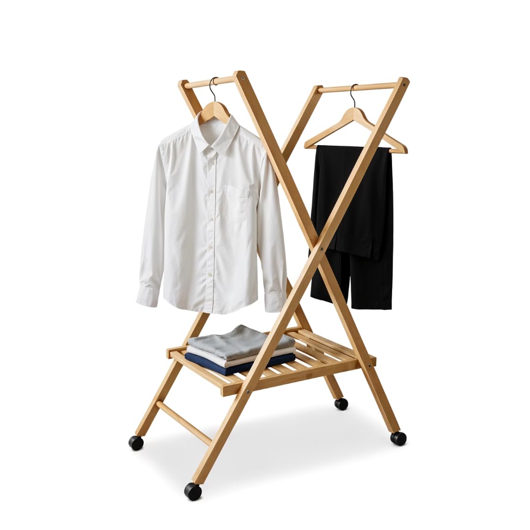 Stira & Perchero, carro perchero plegable y ahorra espacio, 100% madera de haya, ruedas multidireccionales, 62,49 x 122 cm, perchero de hombre, fabricado en Italia