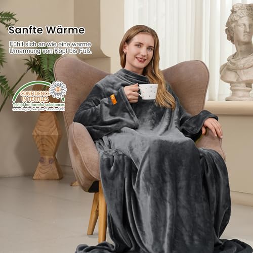 Winthome Kuscheldecke mit Ärmeln, Decke Weich Kuschelig Warm, Sofadecke Fleecedecke mit Klettverschluss und Gummibänder, Anziehbare Blanket für Winter Geschenke, Heizkosten Sparen (Grau,140x180cm)