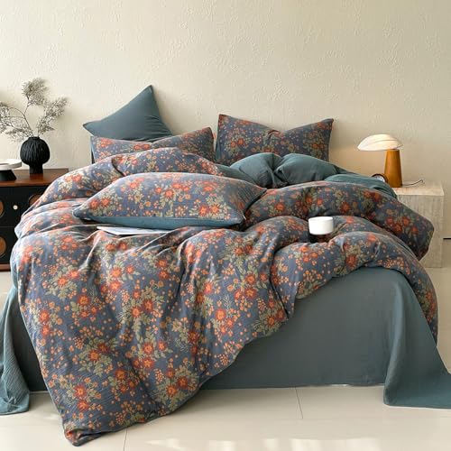 Image of VM VOUGEMARKET Rustic Double Layer Gauze Jacquard Duvet Cover Queen, Dusty Slate Blue with Retro Orange Floral Print, Soft Breathable Boho Comforter Cover with Zipper&Ties