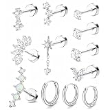 Incaton 20G Cartilage Piercing Jewelry Flat back Helix Earrings for Women Hypoallergenic Surgical Steel Gold Cartilage Hoop Earring Set Daith Tragus Conch Flat Back Stud Earrings Silver