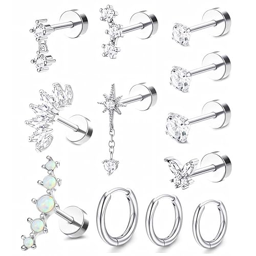 Incaton 20G Cartilage Piercing Jewelry Flat back Helix Earrings for Women Hypoallergenic Surgical Steel Gold Cartilage Hoop Earring Set Daith Tragus Conch Flat Back Stud Earrings Silver