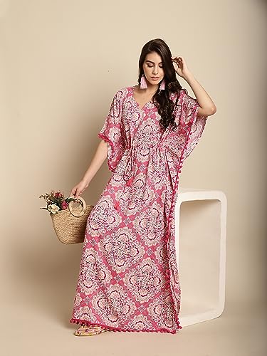 Image of Secret Wish Women's Rayon Pink Kaftan Nighty /Free Size /Scree Print /Drawstring /Nightdress /Nightwear /Full Length