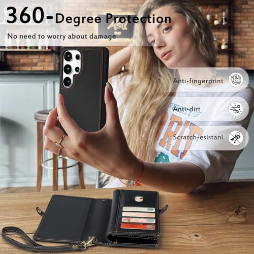MEGSHI for Wallet Case Compatible with Samsumg Galaxy S25U Multi-Function Detachable 2 in 1 Magnetic Phone Case Wallet,Flip Strap Zipper Card Holder Phone Case with Shoulder Straps (Black) by MEGSHI - Used condition - Image 6
