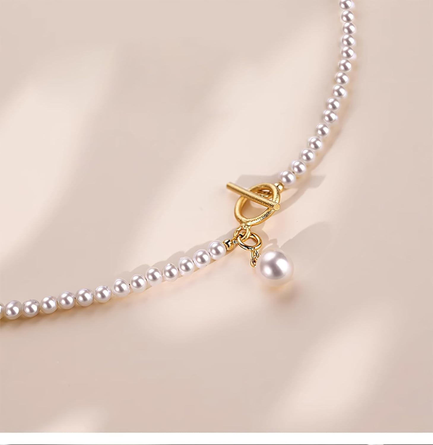 Eymi Dainty 4mm Pearl Necklaces Choker for Women 14K Gold Plated Handmade Round White Pearl Strand Necklace Toggle Clasp Wedding Bridesmaid Jewelry Gift - Image 3