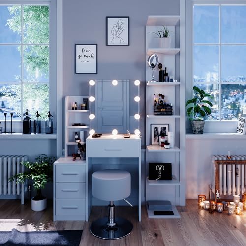 Vicco Schminktisch Conrada, Weiß, 80 cm mit LED Beleuchtung und Hocker