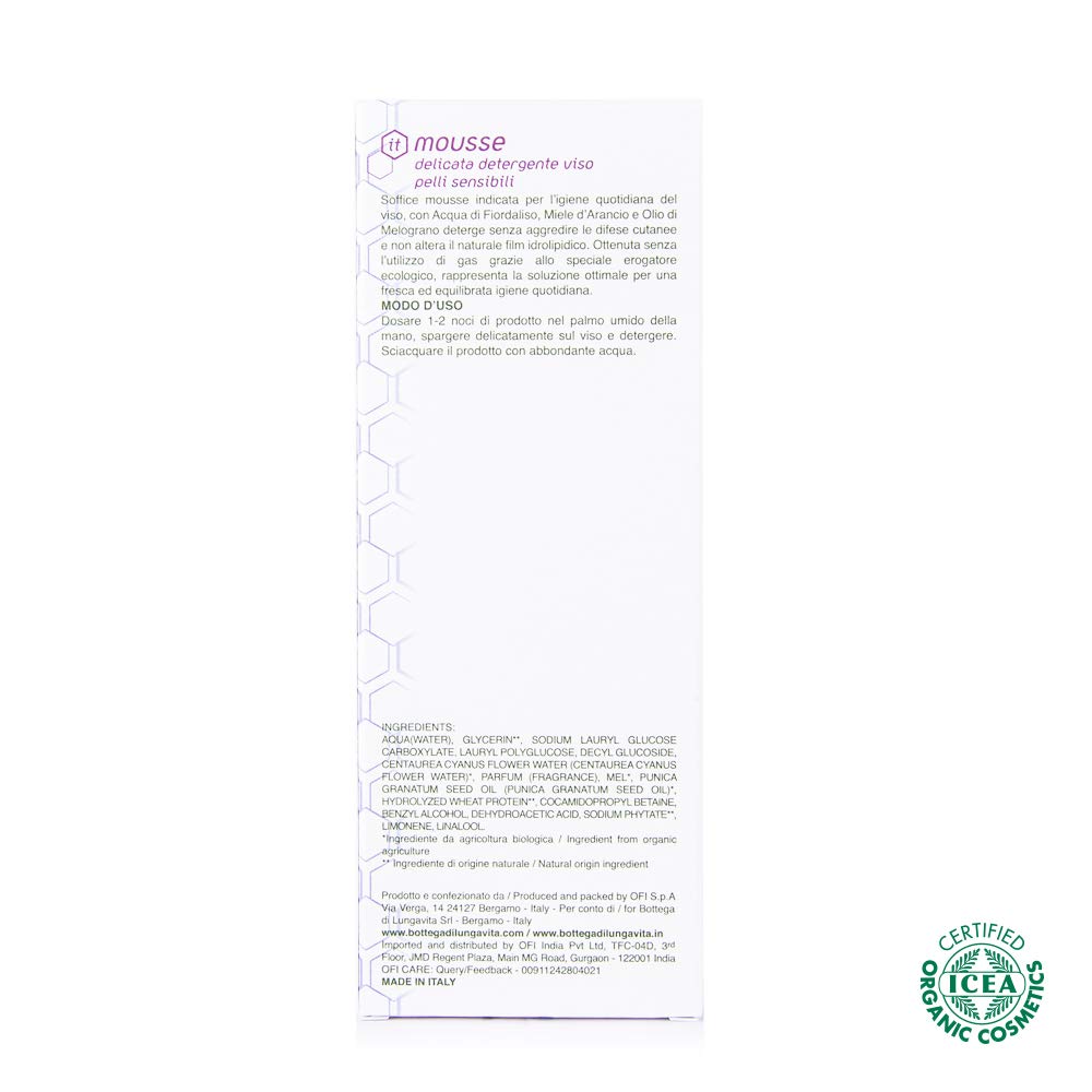 Bottega di LungaVita Natural Products MOUSSE DELICATA DETERGENTE VISO BIOCLARINE Certificata Biologica - Soffice mousse indicata per l'igiene quotidiana del viso. Cosmetico BIO - CERTIFICAZIONE ICEA